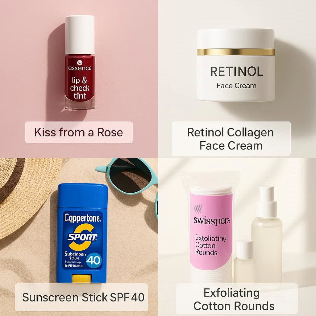 Lip tint, retinol cream, sunscreen stick, and exfoliating pads skincare set.