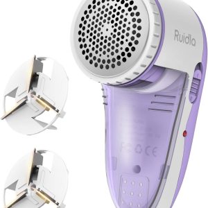 Ruidla Fabric Shaver Lint Shaver Defuzzer, Electric Lint Remover, Rechargeable Sweater Shaver with Replaceable Stainless Steel 3-Leaf Blades, Dual Protection, Removable Bin, (Micro-b Charging)