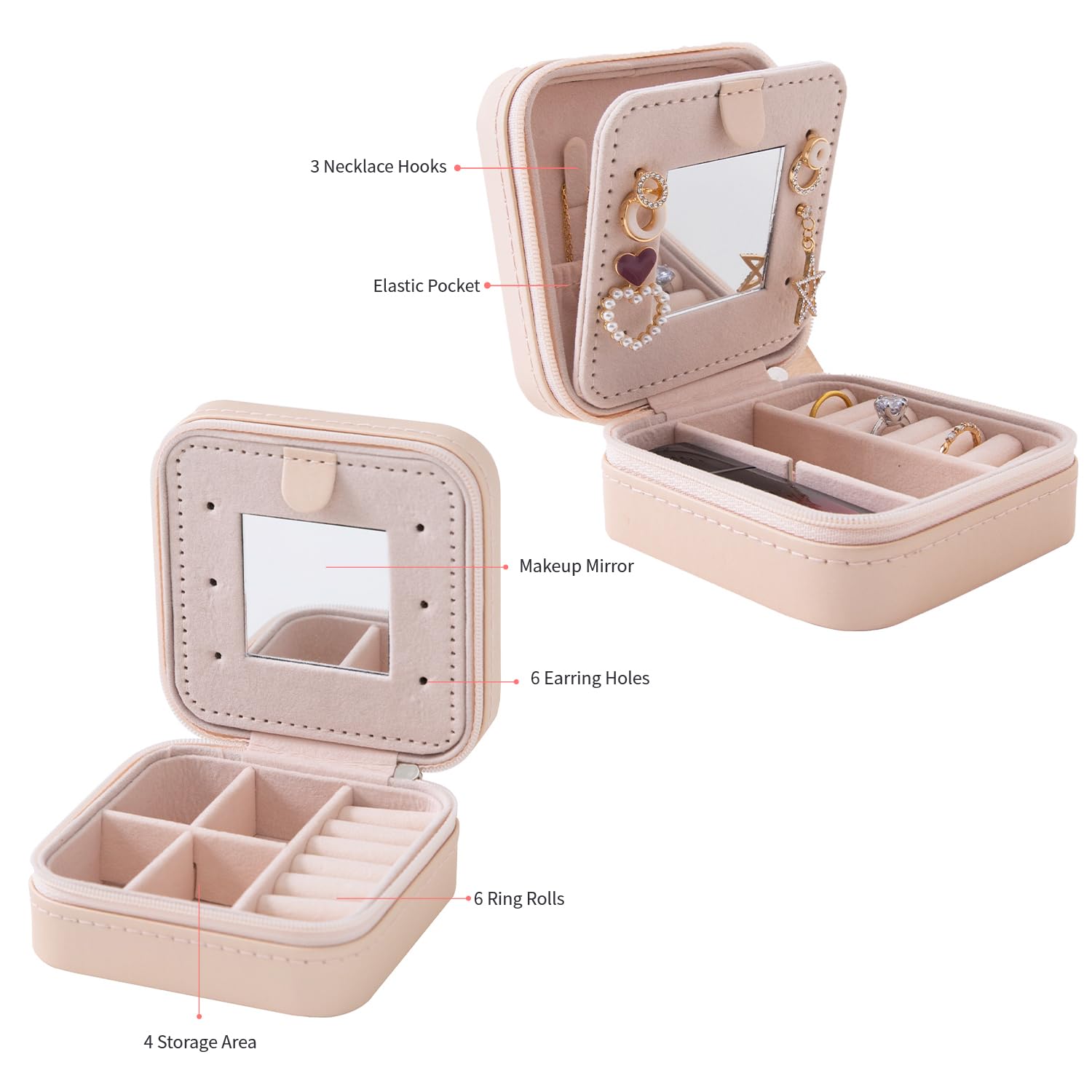 KElofoN Travel jewelry case Travel jewelry box Travel Jewelry Organizer Small box Gift for Girls Women with Mirror(Pink) - Image 4