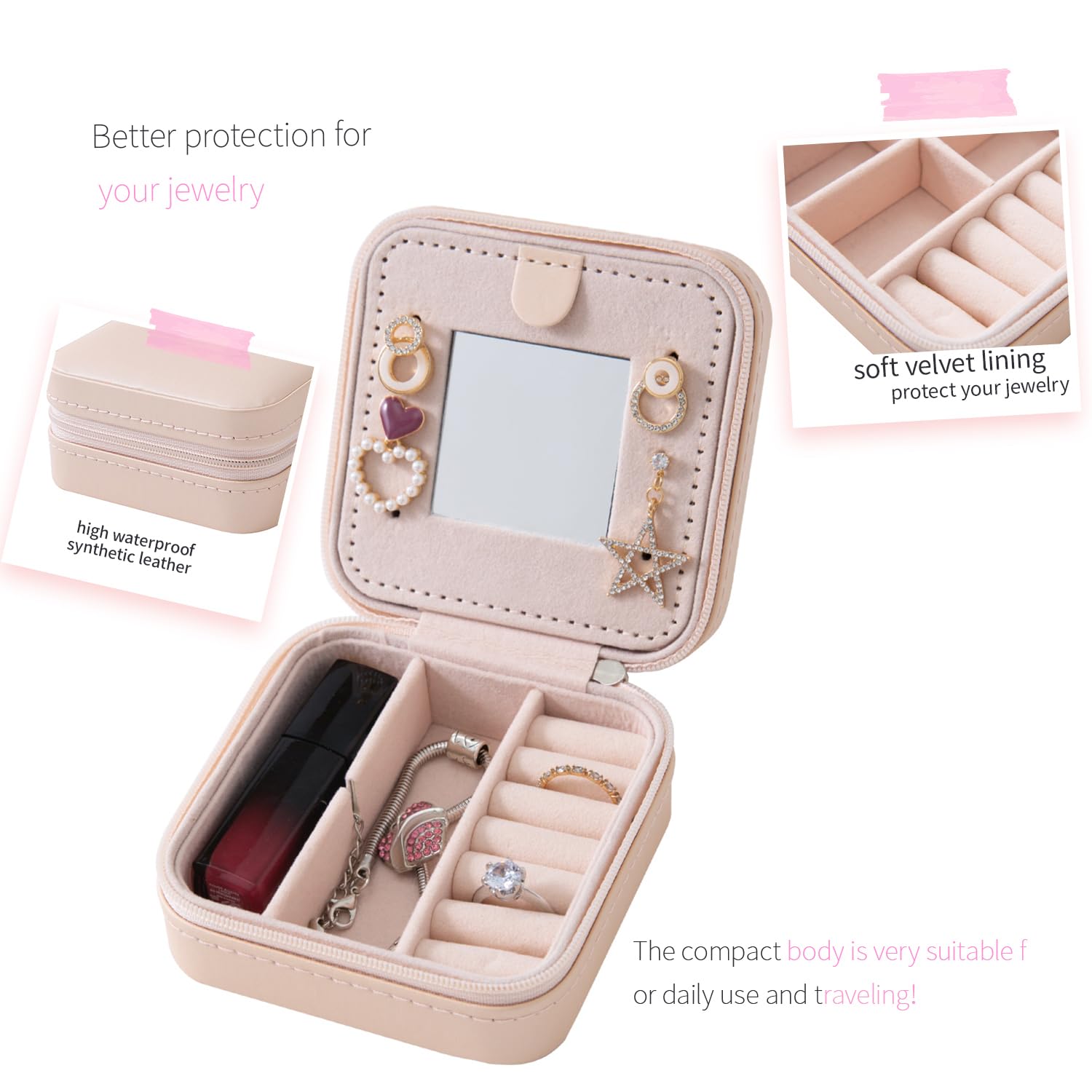 KElofoN Travel jewelry case Travel jewelry box Travel Jewelry Organizer Small box Gift for Girls Women with Mirror(Pink) - Image 5