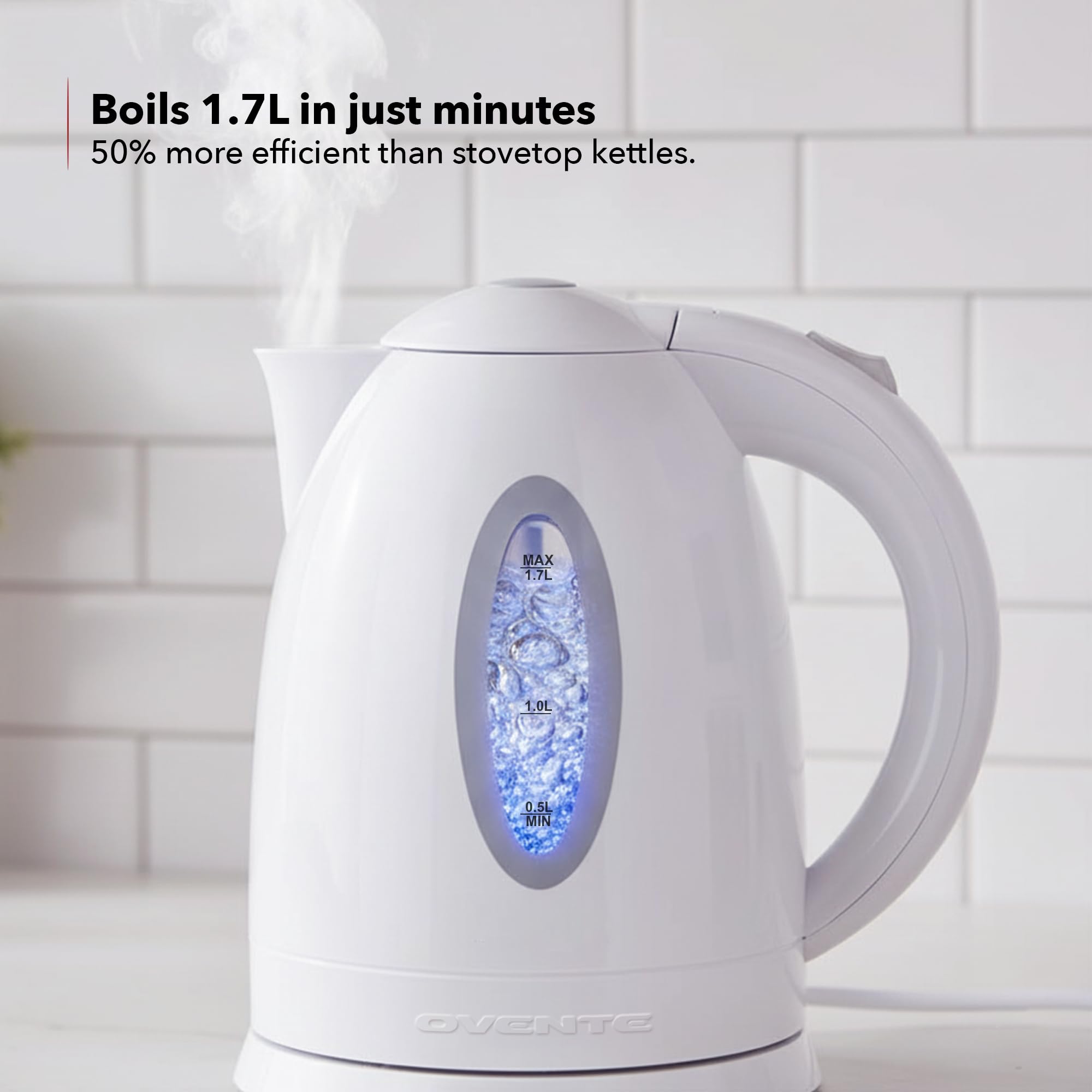 OVENTE Electric Kettle, 1.7L Fast Boiling Water Heater for Coffee or Tea, BPA Free with Water Level Gauge, Auto Shut-Off, Boil-Dry Protection, Indicator Light and Removable Filter, White KP72W - Image 7
