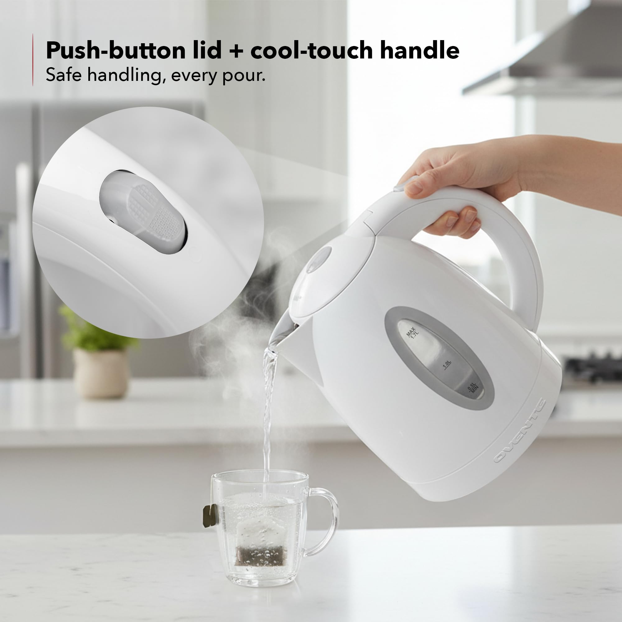 OVENTE Electric Kettle, 1.7L Fast Boiling Water Heater for Coffee or Tea, BPA Free with Water Level Gauge, Auto Shut-Off, Boil-Dry Protection, Indicator Light and Removable Filter, White KP72W - Image 5