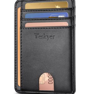 Teskyer Slim Wallet for Men, Minimalist Front Pocket RFID Blocking Leather Wallet Credit Card Holder for Men & Women, Black