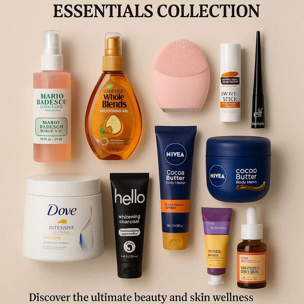 “Ten beauty essentials including facial mist, hair oil, cleansing brush, swivel stick moisturizer, liquid eyeliner, intensive repair hair mask, charcoal toothpaste, cocoa butter body cream, retinol cream and hyaluronic acid serum.”