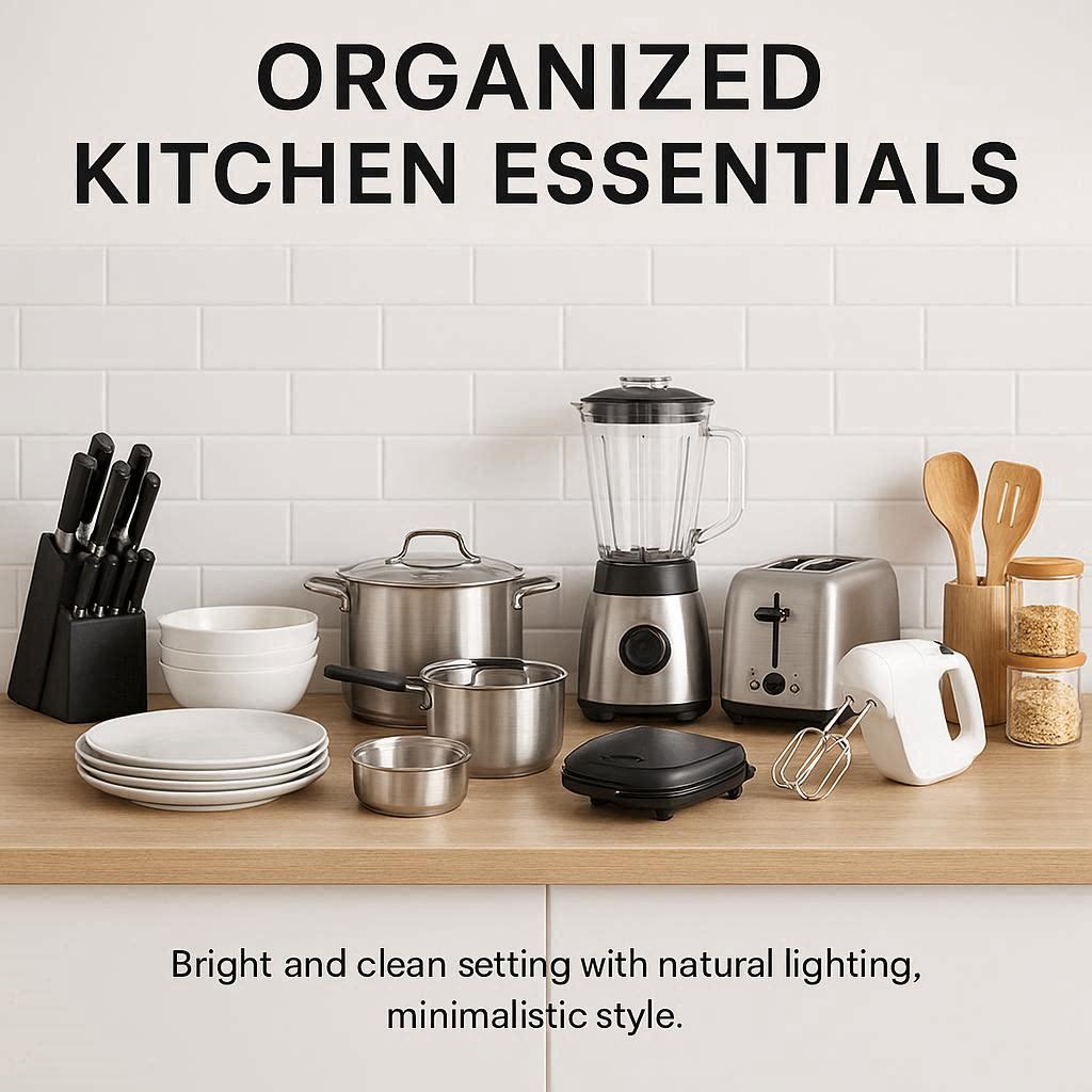 “Ten kitchen essentials including knife set, porcelain dinnerware, stainless cookware, wooden utensils, glass measuring cups, meal prep containers, blender, toaster, hand mixer and waffle maker.”