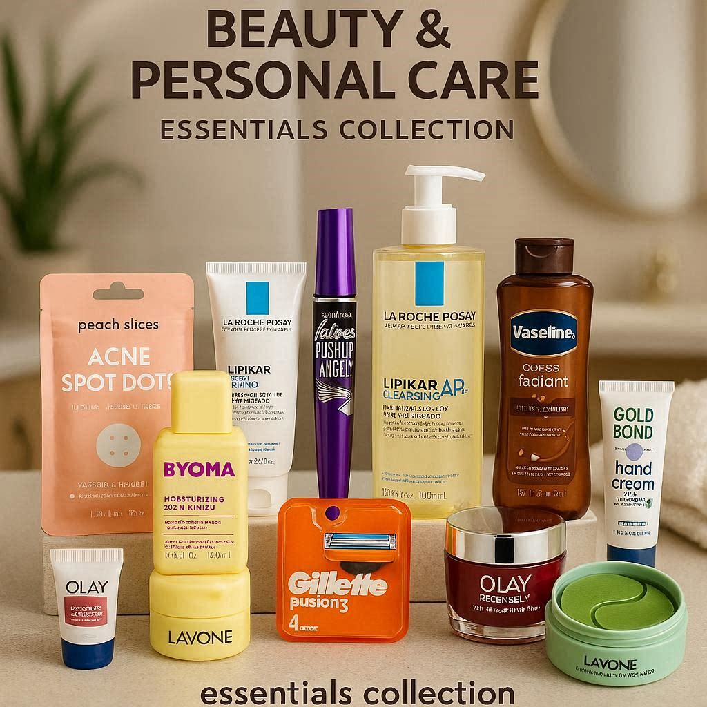 “Ten skincare essentials including acne spot patches, barrier repair cream, face and body moisturizer, cleansing oil, mascara, body oil, hand cream, razor refills, anti-aging cream and eye masks.”