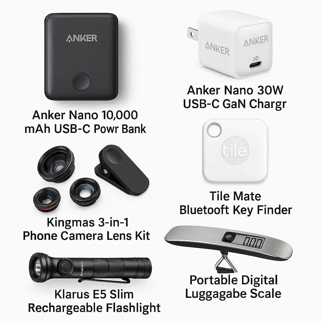 “Six travel and EDC items including a power bank, GaN fast charger, clip-on camera lens kit, Bluetooth tracker, hanging luggage scale and slim rechargeable flashlight.”