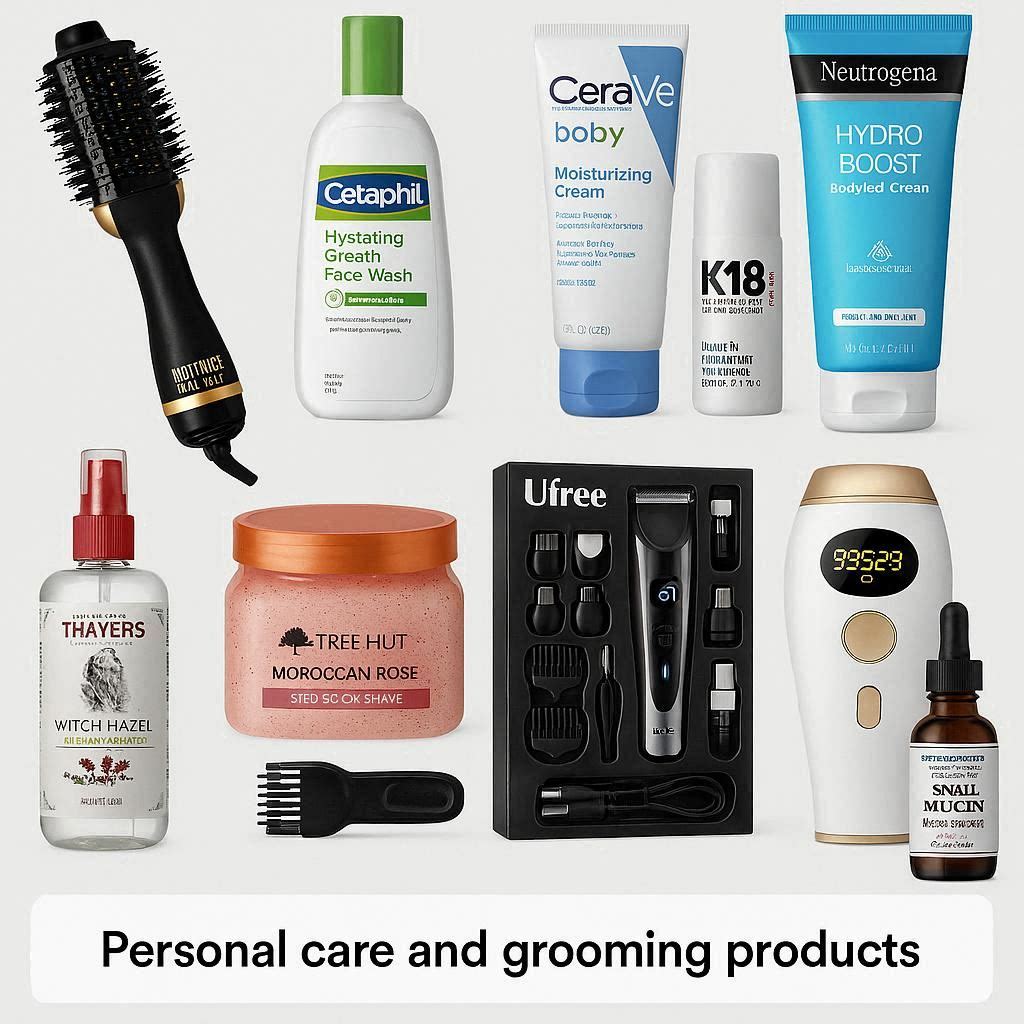 “Ten beauty and grooming essentials including a hot air styling brush, Cetaphil cleanser, baby cream, K18 mask, hydro boost gel, witch hazel mist, sugar scrub, beard trimmer, IPL device and snail mucin serum.”